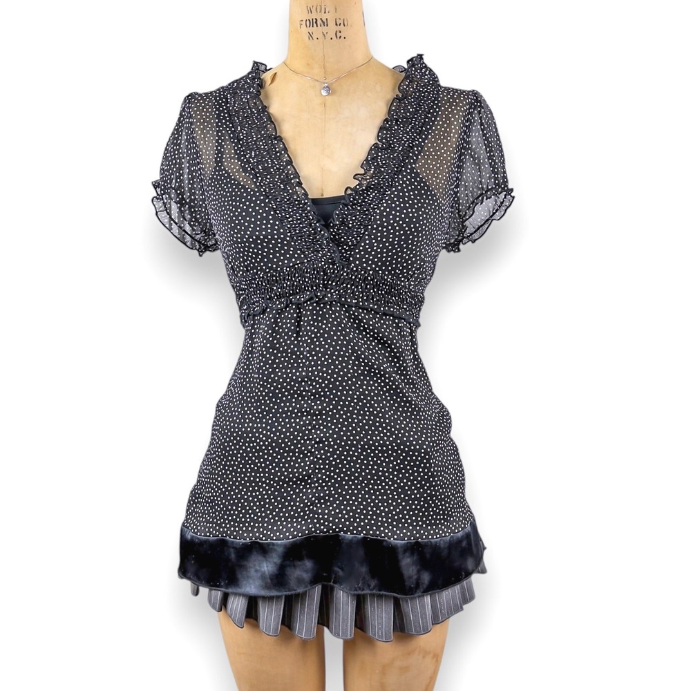 Y2K Polka Dot Sheer Top Babydoll Ruffle Collar Dark Coquette Romantic Size M